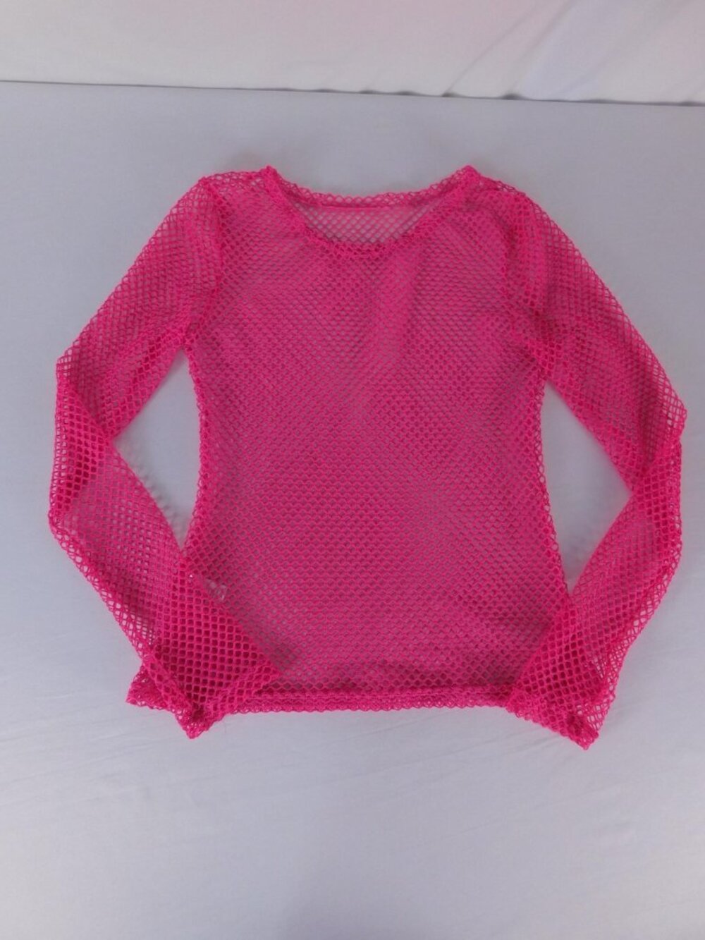 Hot Pink Fishnet Mesh Shirt Juniors S Crew Neck Long Sleeve Sheer Stretch Top